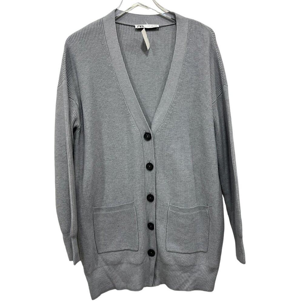 Zara Womens Button Down‎ Cardigan Sweater Ribbed Knit Oversized Fit Size M Gray